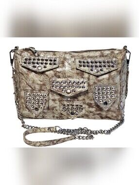 Rebecca Minkoff Multi Flap Studded Crossbody Bag Crackled Metallic Leather Gold